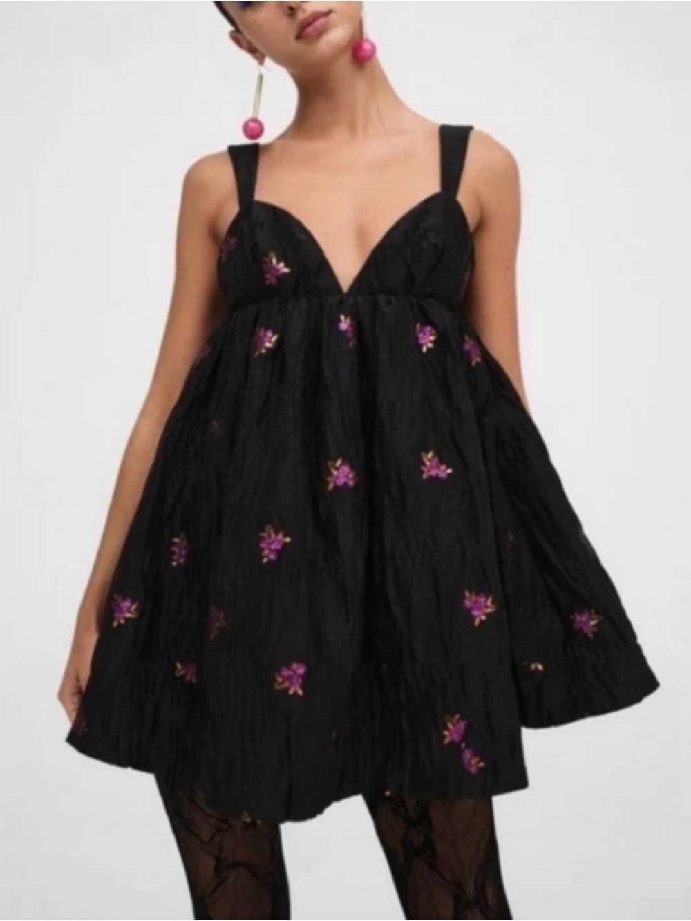 For Love & Lemons Black Floral Jacquard Babydoll Mini Dress Medium NWT